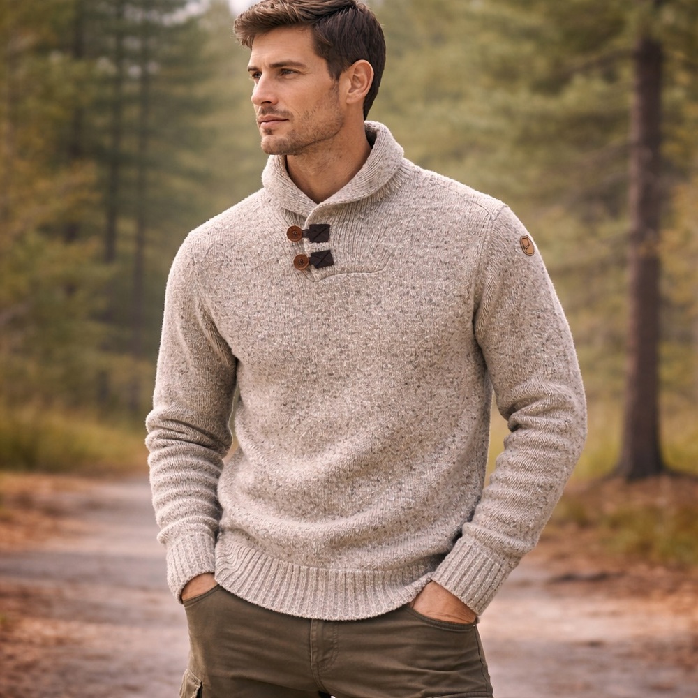 Fjällräven Lada Wool Sweater Men’s Oatmeal Button Neck Pullover Small